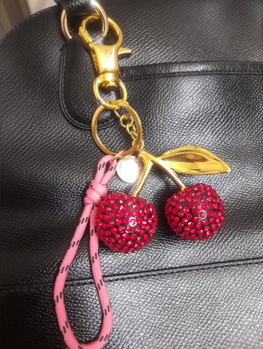 Poppy & Peonies Bedazzled Sparkling Cherry Keychain Charm with Pink Strap